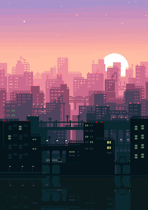 A Pastel Sunset Over a Pixelated City