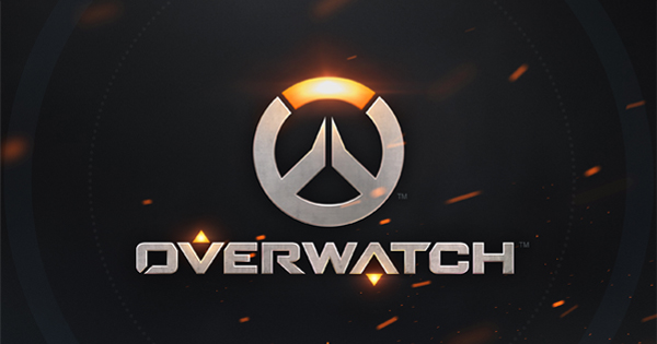 The Overwatch logo with the word Overwatch under it, with embers on scattered on it